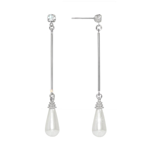 #17511S - Swinging Pearl and Rhinestone Drop Earrings 2.5" Tall - Silver Plated