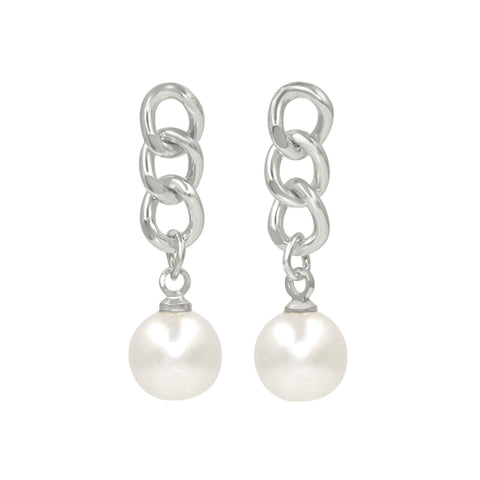 #17516S - Cascading Chain Pearl Drop Earrings - Silver Earrings - Dangle Rhinestone Jewelry Corporation