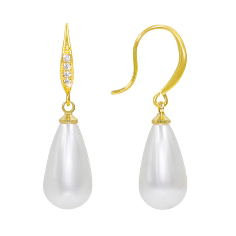 17522G Romantic Pear Pearl and CZ Drop Earrings - Gold with Ivory Pearl Pearl Neck & Ears Rhinestone Jewelry Corporation