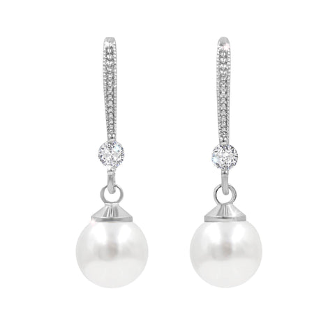 #17523 Royal Elegance Pearl Drop CZ Earring - Silver Earrings - Dangle Rhinestone Jewelry Corporation