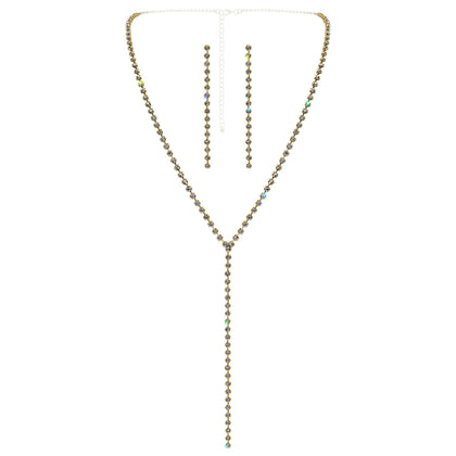 #17529G - Rhinestone Chain Drop Y-Necklace Set - Gold Plated