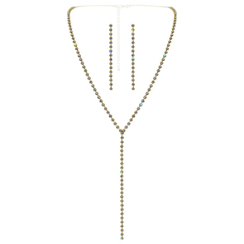 #17529G - Rhinestone Chain Drop Y-Necklace Set - Gold Plated