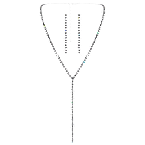 #17529S - Rhinestone Chain Drop Y-Necklace Set - Silver Plated