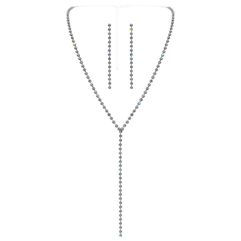 #17529S - Rhinestone Chain Drop Y-Necklace Set - Silver Plated