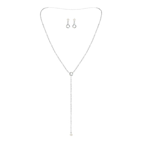 17533 Rhinestone, Pearl and Chain Lariat Necklace and Earring Set - Silver