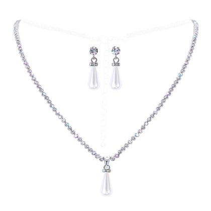 #17535 - Pearl Teardrop Necklace - White Pearl - Silver Plated Necklace Sets - Low price Rhinestone Jewelry Corporation