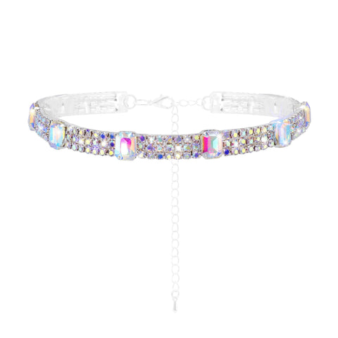 #17537ABS - AB Octagon Stone and Rhinestone Chain Stretch Necklace - Silver plated