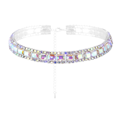 #17630ABS - AB Octagon Stone and Rhinestone Chain Stretch Necklace - Silver plated