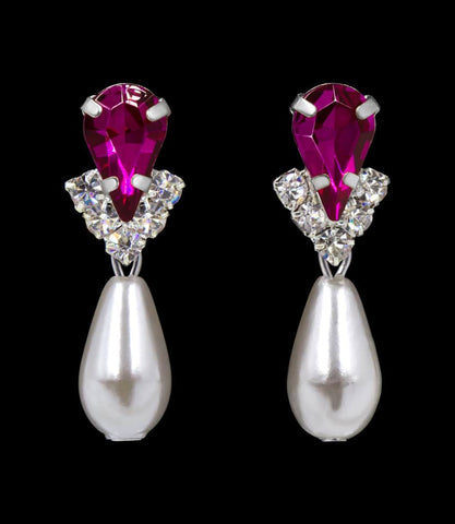 #5538FUCHS - Rhinestone Pear V Pearl Drop Earrings - Fuchsia Silver Plated