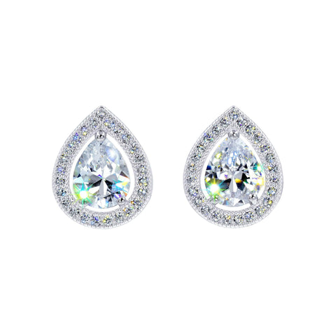 #17448 - Teardrop Brilliance Halo-Set Pear Shape Stud Earrings Earrings - Button Rhinestone Jewelry Corporation