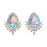 #17454ABG - Feathered Pear CZ Earrings AB Gold Earrings - Button Rhinestone Jewelry Corporation