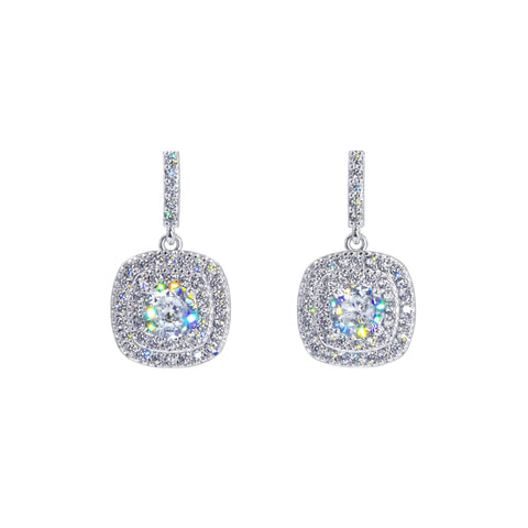 #17450 - Square Drop Halo-Set CZ Earrings 1" Earrings - Dangle Rhinestone Jewelry Corporation