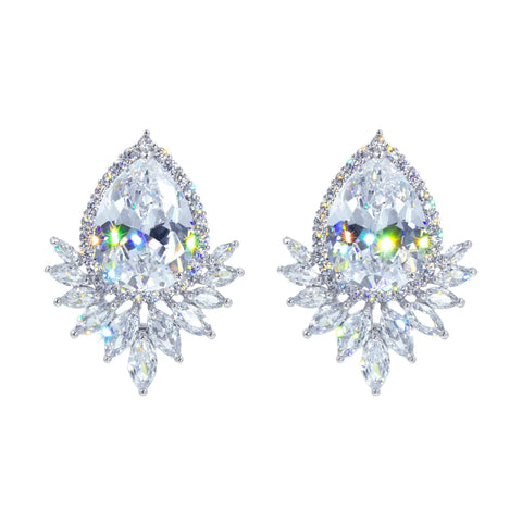 #17454XS - Feathered Pear CZ Earrings Clear Silver Earrings - Button Rhinestone Jewelry Corporation