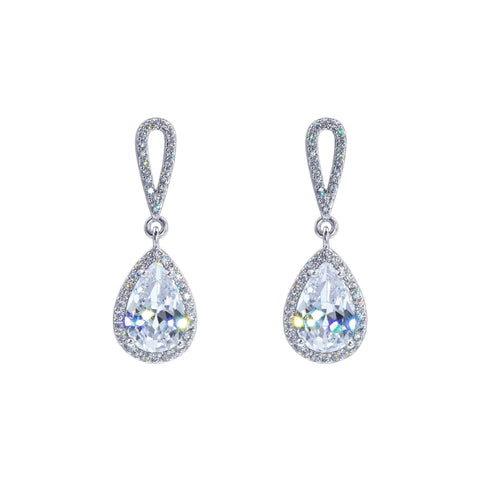 #17458 - Hollow Pear Drop Halo Set CZ Earrings 1.25" Earrings - Dangle Rhinestone Jewelry Corporation