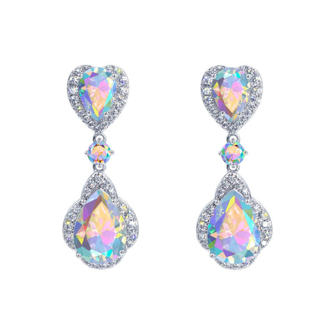 #17466ABS - Enchanted CZ Heart Cascade Earrings - AB Silver Earrings - Dangle Rhinestone Jewelry Corporation
