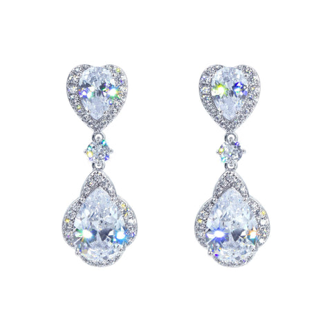 #17466XS - Enchanted CZ Heart Cascade Earrings Clear Silver Earrings - Dangle Rhinestone Jewelry Corporation