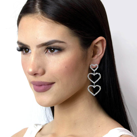 Triple Heart Crystal Rhinestone Dangle Earrings - Pierced