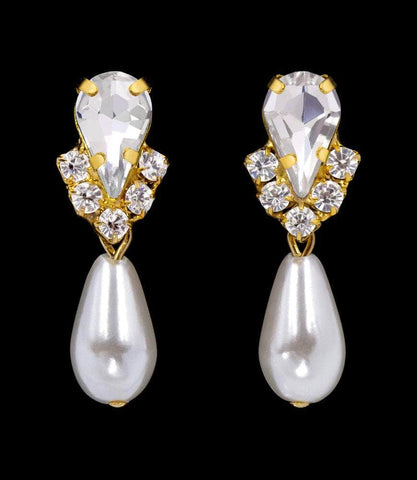 #5538XG - Rhinestone Pear V Pearl Drop Earrings - Crystal Gold Plated Earrings - Dangle Rhinestone Jewelry Corporation