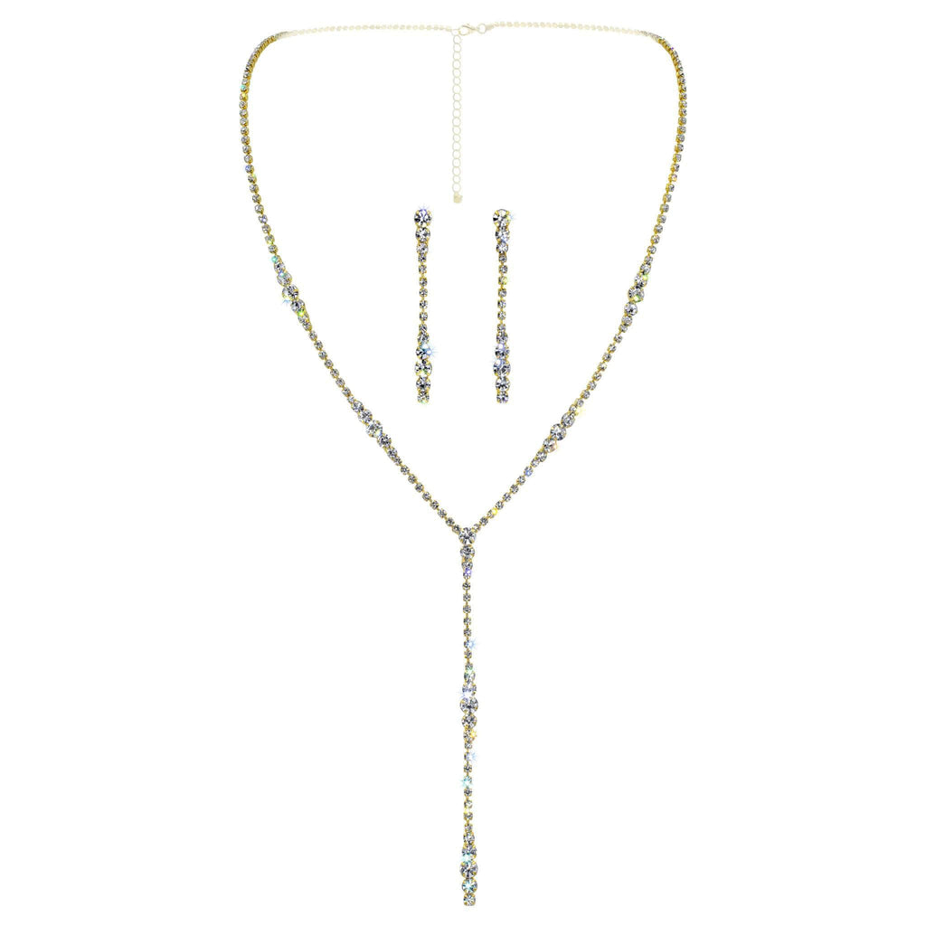 #17514G Graduated Rhinestone Drop Necklace and Earring Set Gold