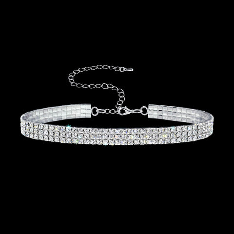 #13332 - 3 Row Stretch Rhinestone Necklace - Clear Crystal Silver Necklaces - Collars Rhinestone Jewelry Corporation