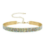 Necklaces - Collars #13332ABG - 3 Row Stretch Rhinestone Necklace - (Iridescent Stones) AB Goold