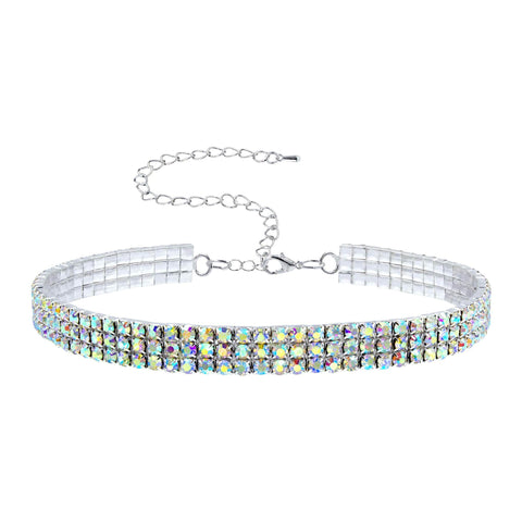 #13332ABS - 3 Row Stretch Rhinestone Necklace - (Iridescent Stones) AB Silver Necklaces - Collars Rhinestone Jewelry Corporation