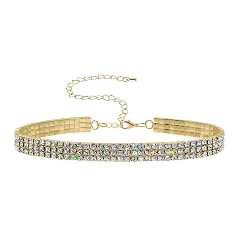 #13332G - 3 Row Stretch Rhinestone Necklace - Gold Necklaces - Collars Rhinestone Jewelry Corporation