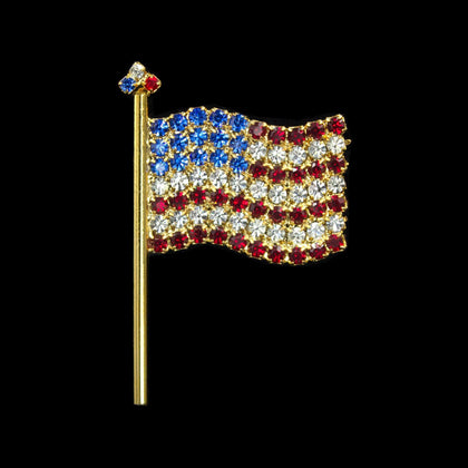 #7489GLG - Rhinestone Flag Pin - Large Gold - MADE IN USA Pins - Patrioitic & Support Rhinestone Jewelry Corporation
