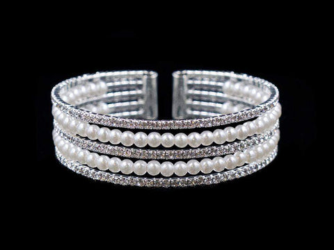 #16724 - 5 Row Pearl and Rhinestone Cuff Bracelet Bracelets Rhinestone Jewelry Corporation