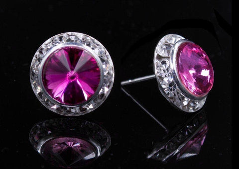 Earrings - Button #12536 Fuschia 13mm Rondel with Rivoli Button Earrings