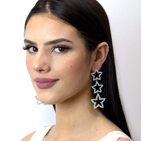 #11963 - Triple Star Drop Rhinestone Earrings Earrings - Dangle Rhinestone Jewelry Corporation