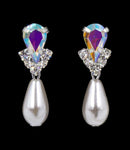 #5538ABS - Rhinestone Pear V Pearl Drop Earrings - AB Silver Plated Earrings - Dangle Rhinestone Jewelry Corporation