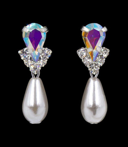 #5538ABS - Rhinestone Pear V Pearl Drop Earrings - AB Silver Plated