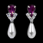 Earrings - Dangle #5538AMY - Rhinestone Pear V Pearl Drop Earrings - Amethyst Silver Plated