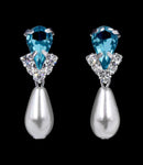 #5538AQUAS - Rhinestone Pear V Pearl Drop Earrings - AQUA Silver Plated
