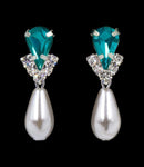#5538BZS - Rhinestone Pear V Pearl Drop Earrings - Blue Zircon Silver