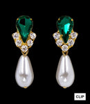 #5538EMG CLIP - Rhinestone Pear V Pearl Drop Earrings-Emerald Gold-Clip