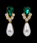 #5538EMG - Rhinestone Pear V Pearl Drop Earrings - Emerald Gold Plated