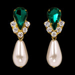 Earrings - Dangle #5538EMGI - Rhinestone Pear V Pearl Drop Earrings - Emerald Gold Plated with Ivory Pearls