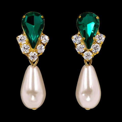 #5538EMGI - Rhinestone Pear V Pearl Drop Earrings - Emerald Gold Plated with Ivory Pearls Earrings - Dangle Rhinestone Jewelry Corporation