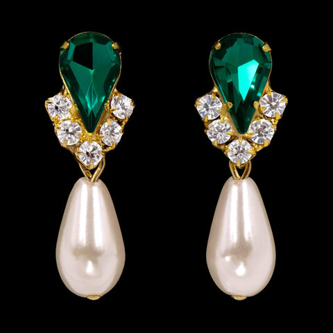 Earrings - Dangle #5538EMGI - Rhinestone Pear V Pearl Drop Earrings - Emerald Gold Plated with Ivory Pearls