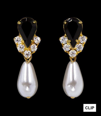 #5538JETG CLIP - Rhinestone Pear V Pearl Drop Earrings - Jet Gold Plated - Clip