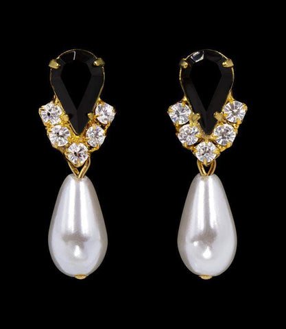 #5538JETG - Rhinestone Pear V Pearl Drop Earrings - Jet Gold Plated