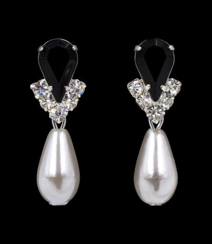 #5538JETS - Rhinestone Pear V Pearl Drop Earrings - Jet Silver Plated Earrings - Dangle Rhinestone Jewelry Corporation
