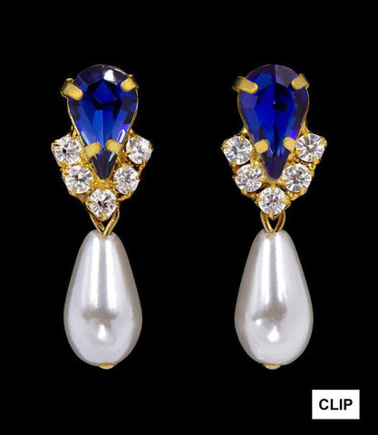 #5538SAPHG CLIP - Rhinestone Pear V Pearl Drop Earrings - Sapphire Gold Plated - Clip