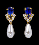 #5538SAPHG - Rhinestone Pear V Pearl Drop Earrings - Sapphire Gold Plated