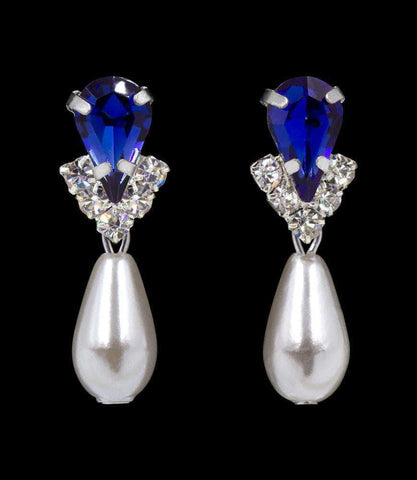 #5538SAPHS - Rhinestone Pear V Pearl Drop Earrings - Sapphire Silver Plated