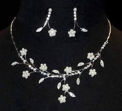 Necklace Sets - Low price #11975 Pearl Flower and Leaf Neck and Ear Set
