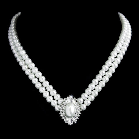 Pearl Neck & Ears #9424N - 2 Row V Line Pearl Necklace