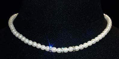 #9878 - 6mm Simulated White Pearl and Rhinestone Spacers Necklace - 16" (Limited Suuply) Pearl Neck & Ears Rhinestone Jewelry Corporation